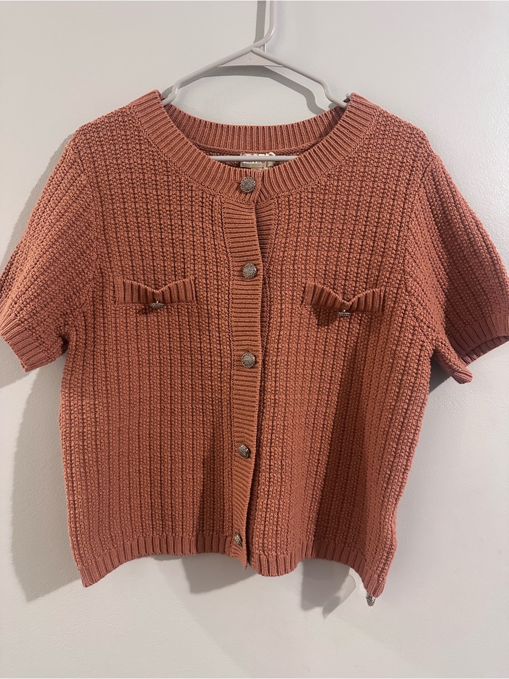 Hem & Thread Short-Sleeve Knit Cardigan in Dusty Rust